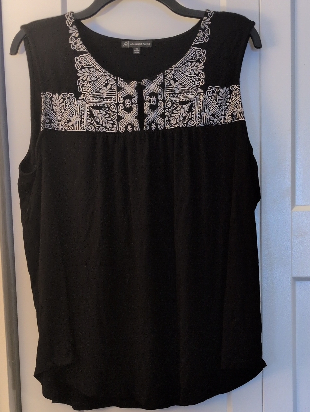 Addrianna Papell Black Sleeveless Top with White Embroidered Yoke